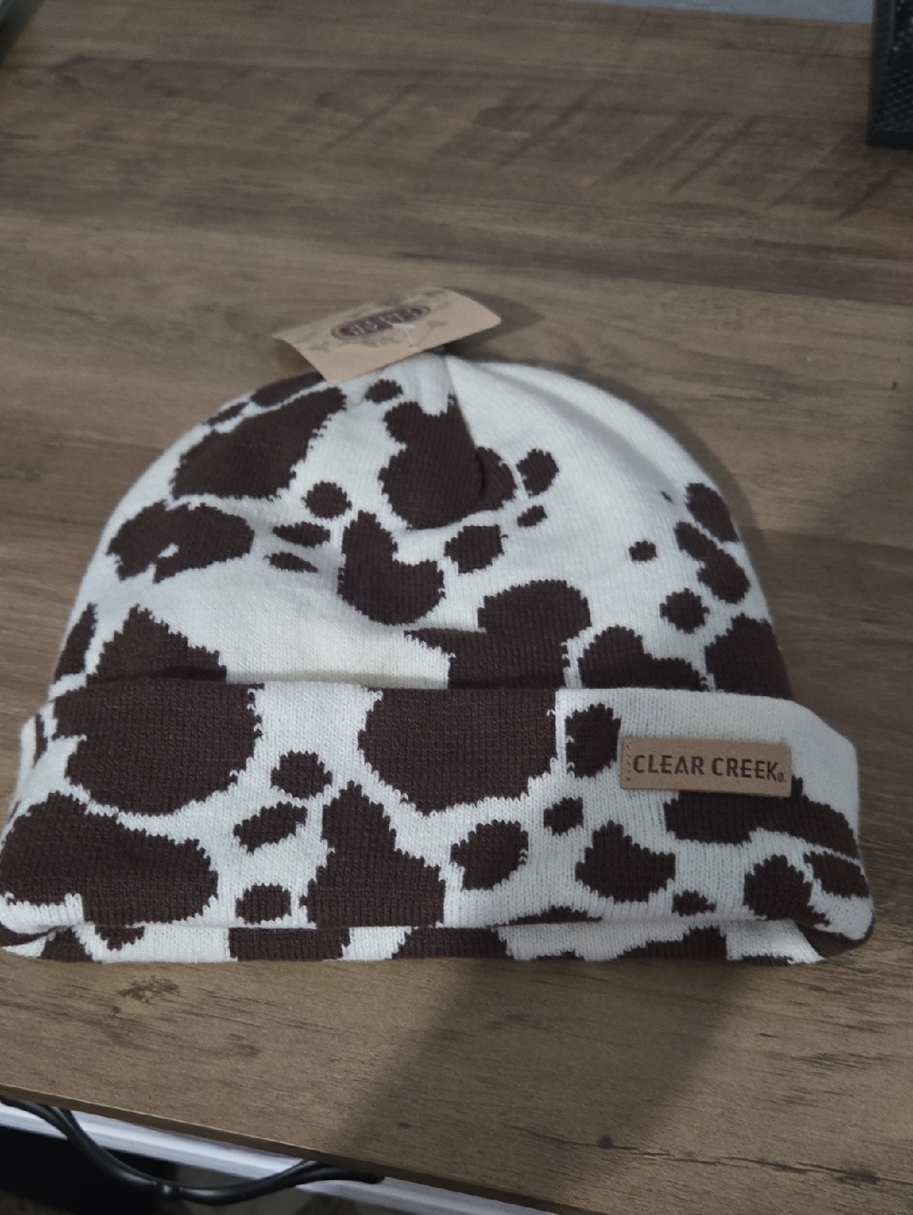 Cow-Print Knit Beanie in Brown and White